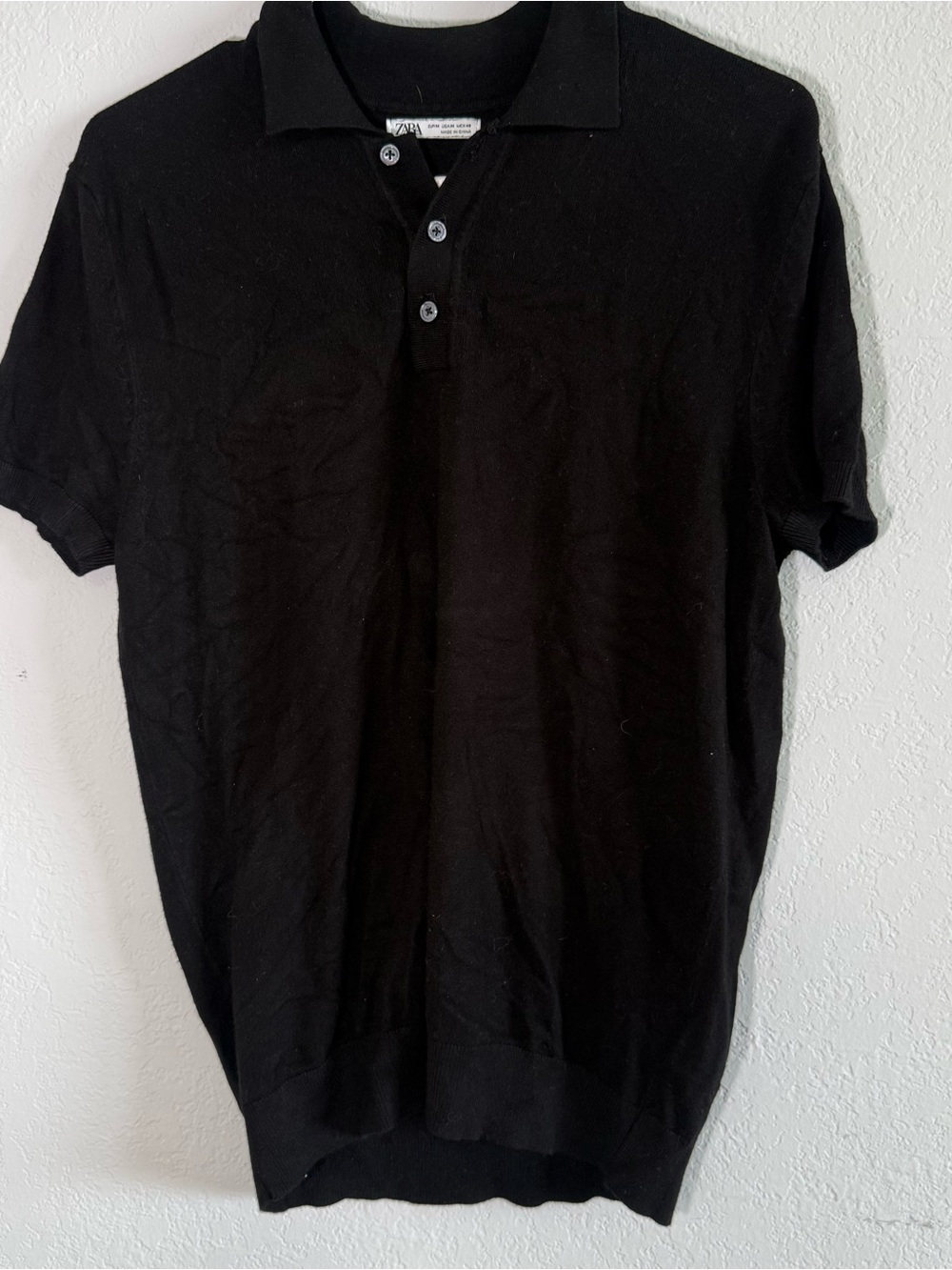 Zara Mens Medium Black Knit Polo Shirt Short Sleeve Collared Pullover M